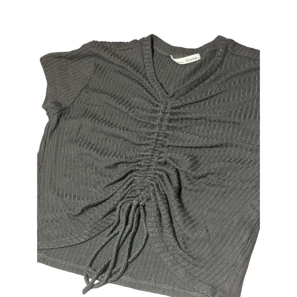 Reformation Jeans Black Ribbed Ruched Drawstring V-Neck Crop Top Size Medium